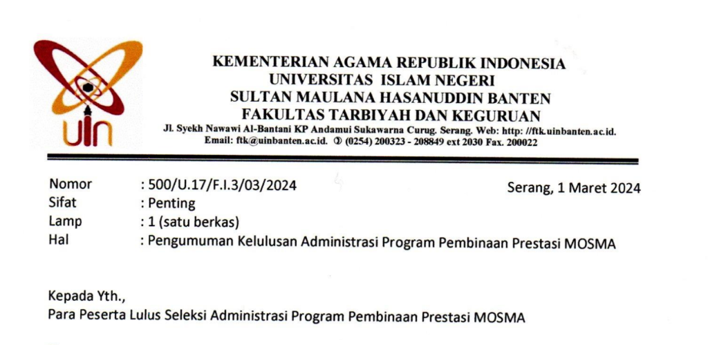 Pengumuman Kelulusan Administrasi Pembinaan MOSMA FTK Tahun 2024